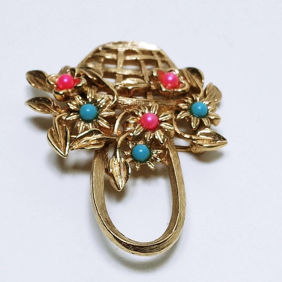 Vintage Flower Basket Brooch 2" Gold Flower Pinks & Blue Beads (jb3) - Picture 2 of 4